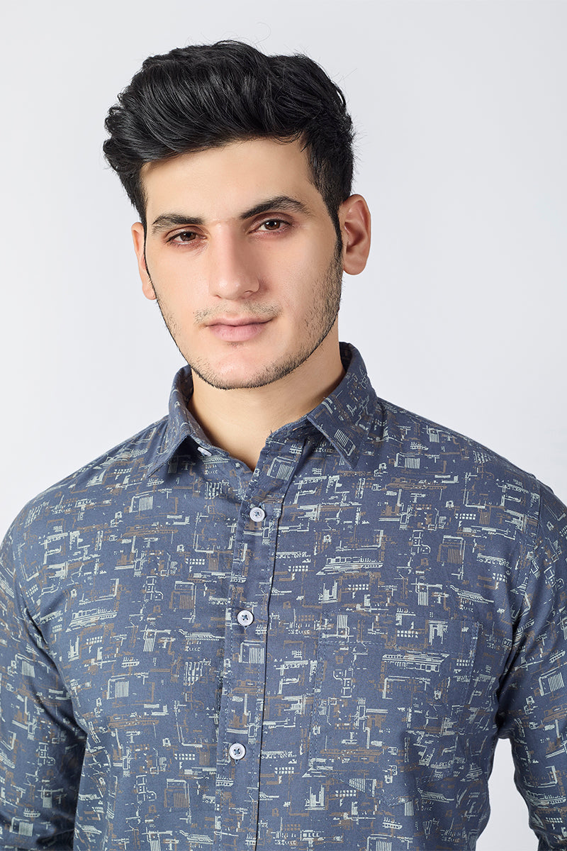 Men's Printed Full Sleeve Shirt - Denim Blue