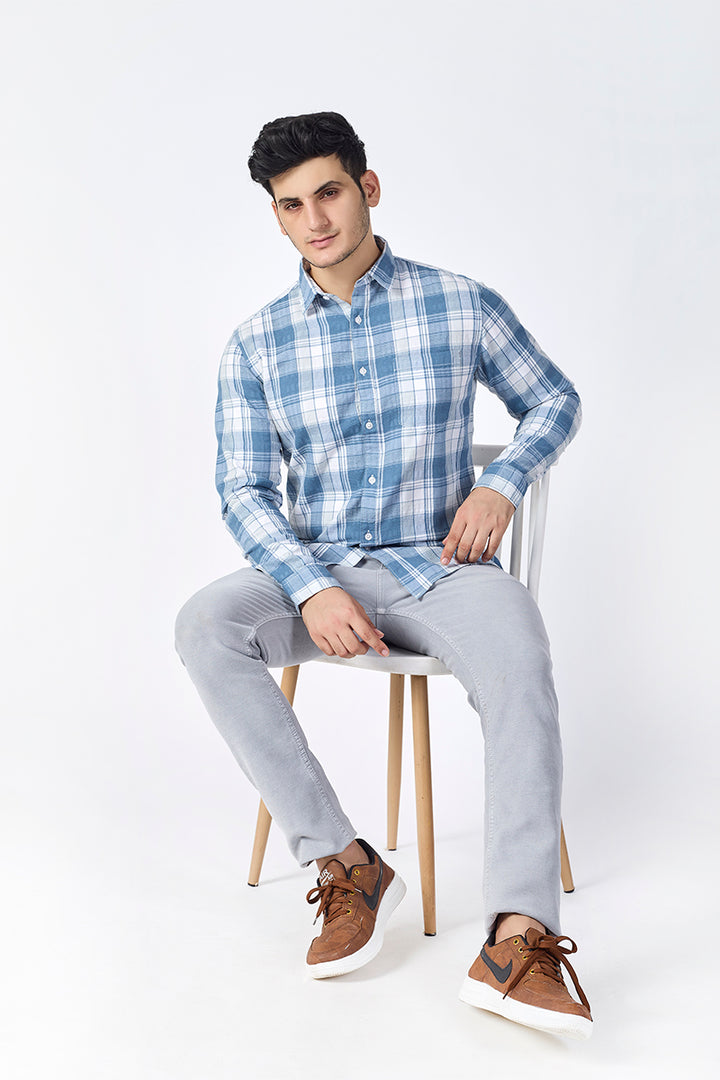 Light Blue Dobby Checked Shirt