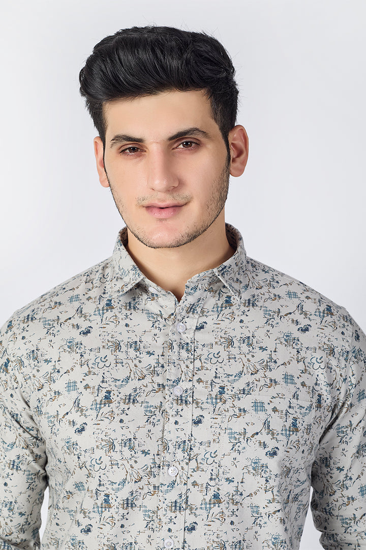 Men's Printed Full Sleeve Shirt - Light Stone Beige