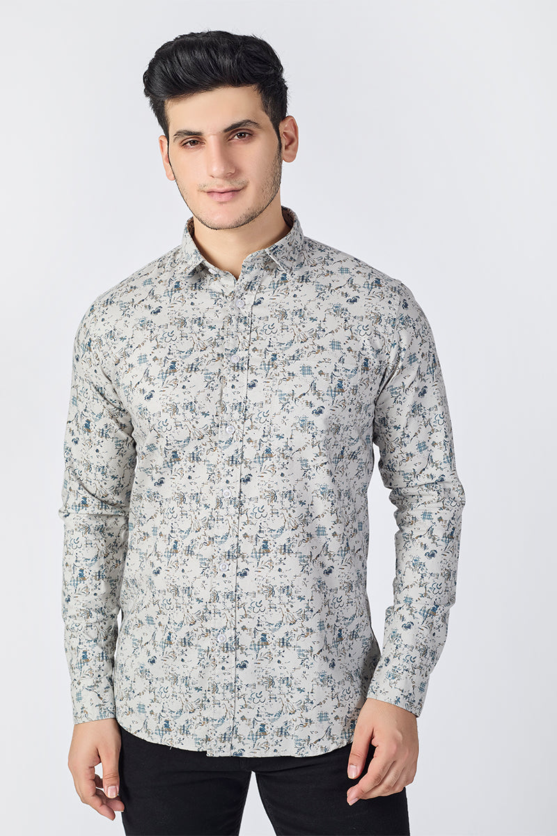 Men's Printed Full Sleeve Shirt - Light Stone Beige