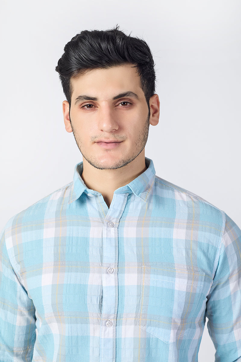 Aqua Blue Dobby Checked Shirt