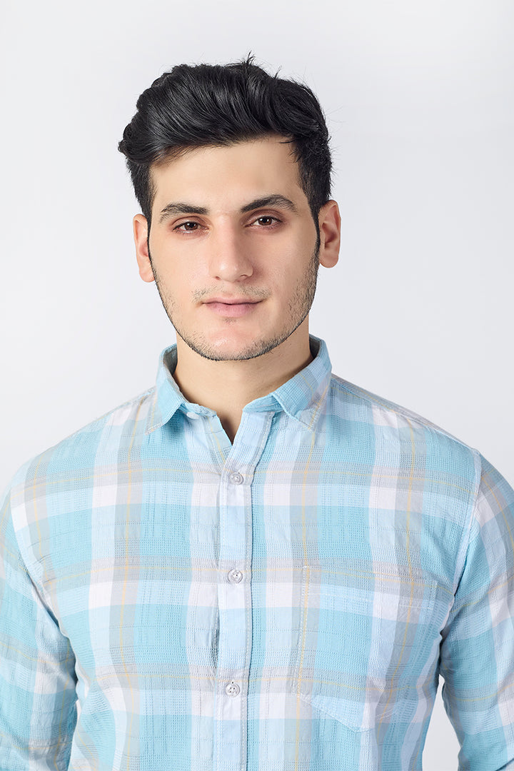 Aqua Blue Dobby Checked Shirt